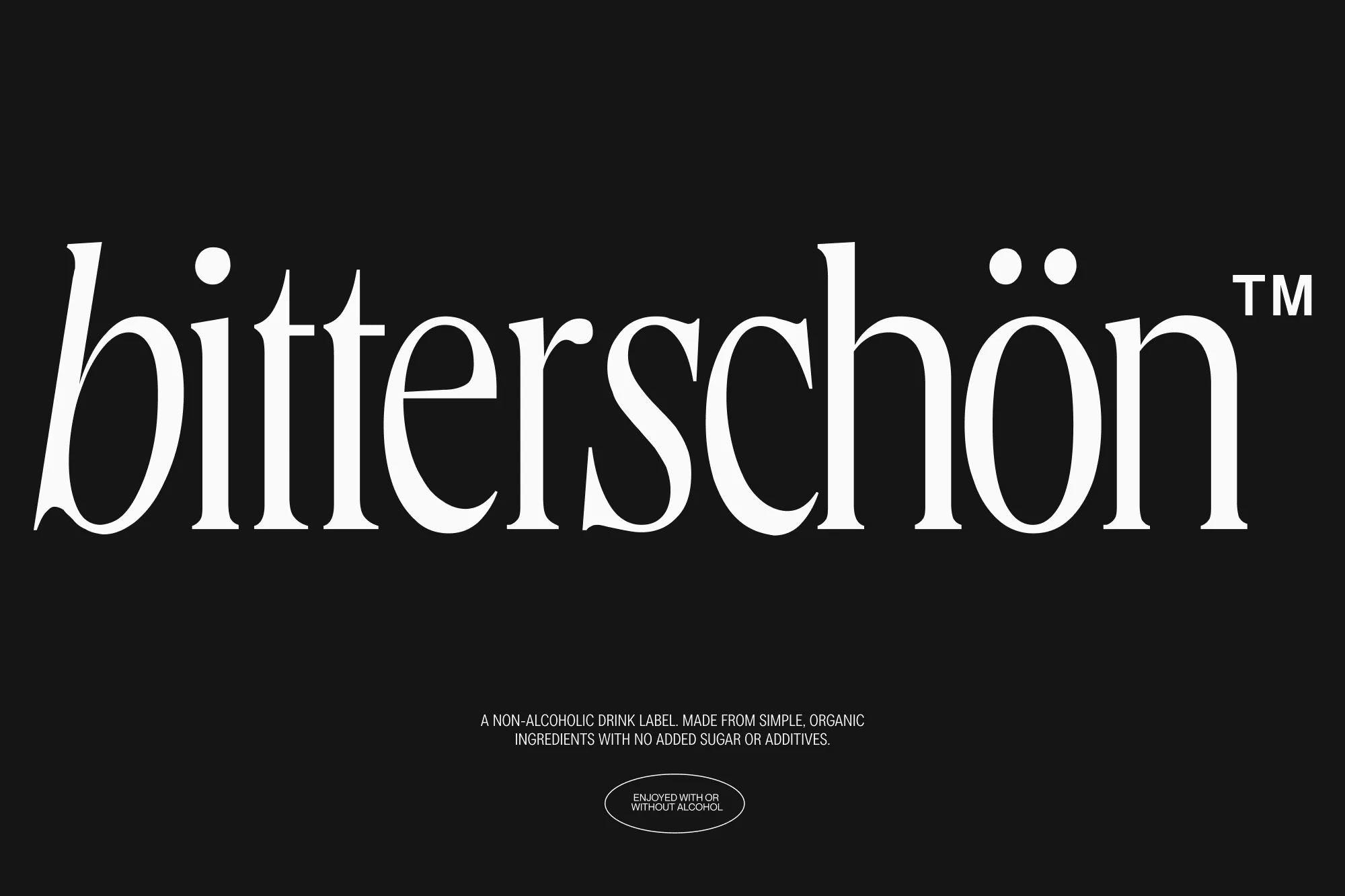 Text graphic on black background with the brand name bitterschön in a stylized serif typeface in white, promoting a non-alcoholic drink.
