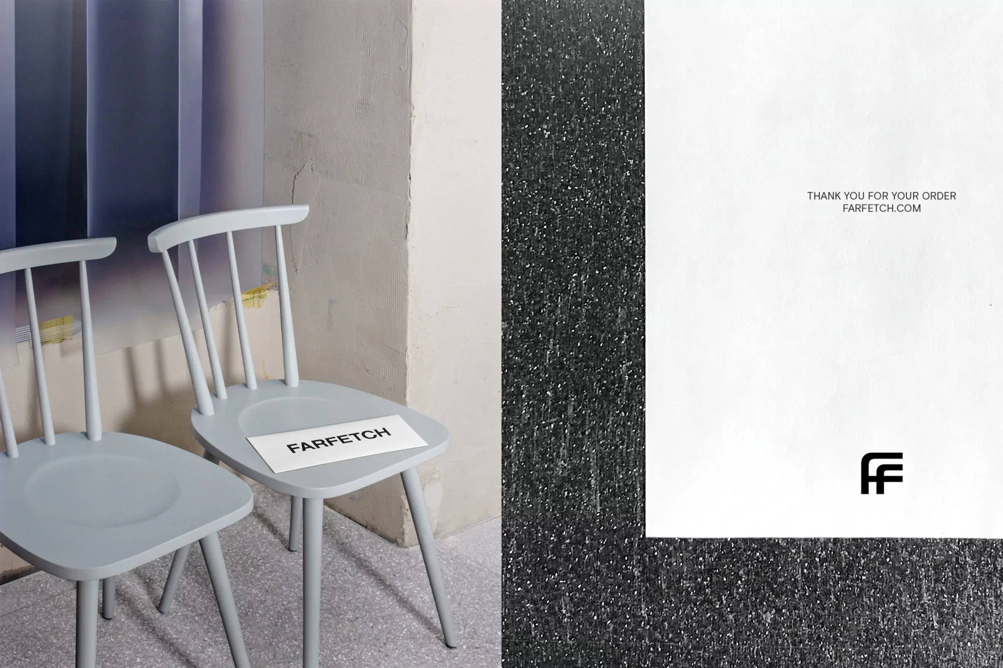 Two light grey wooden chairs with a Farfetch branded card resting on one, next to a white card with text and a black FF logo.