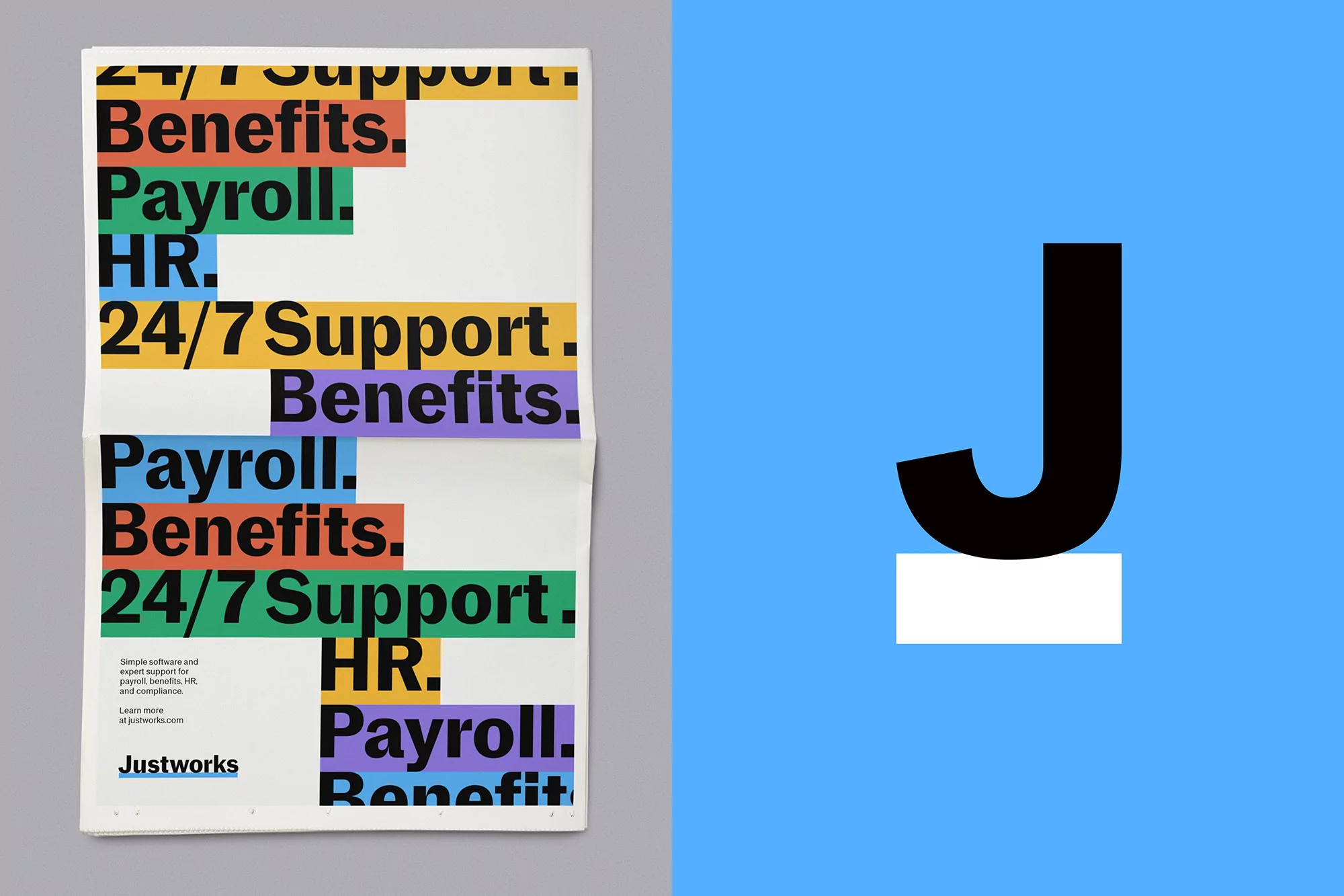 Graphic design featuring the words 'Benefits,' 'Payroll,' and 'HR' with a blue background and the letter 'J' in a minimalist style.
