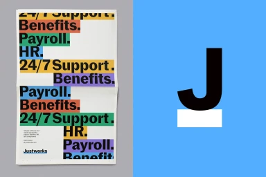 Graphic design brand identity layout for Justworks showing bold typography and colourful highlighted text blocks