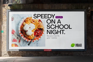 Hello Fresh billboard featuring bold typography and a baked dessert topped with ice cream