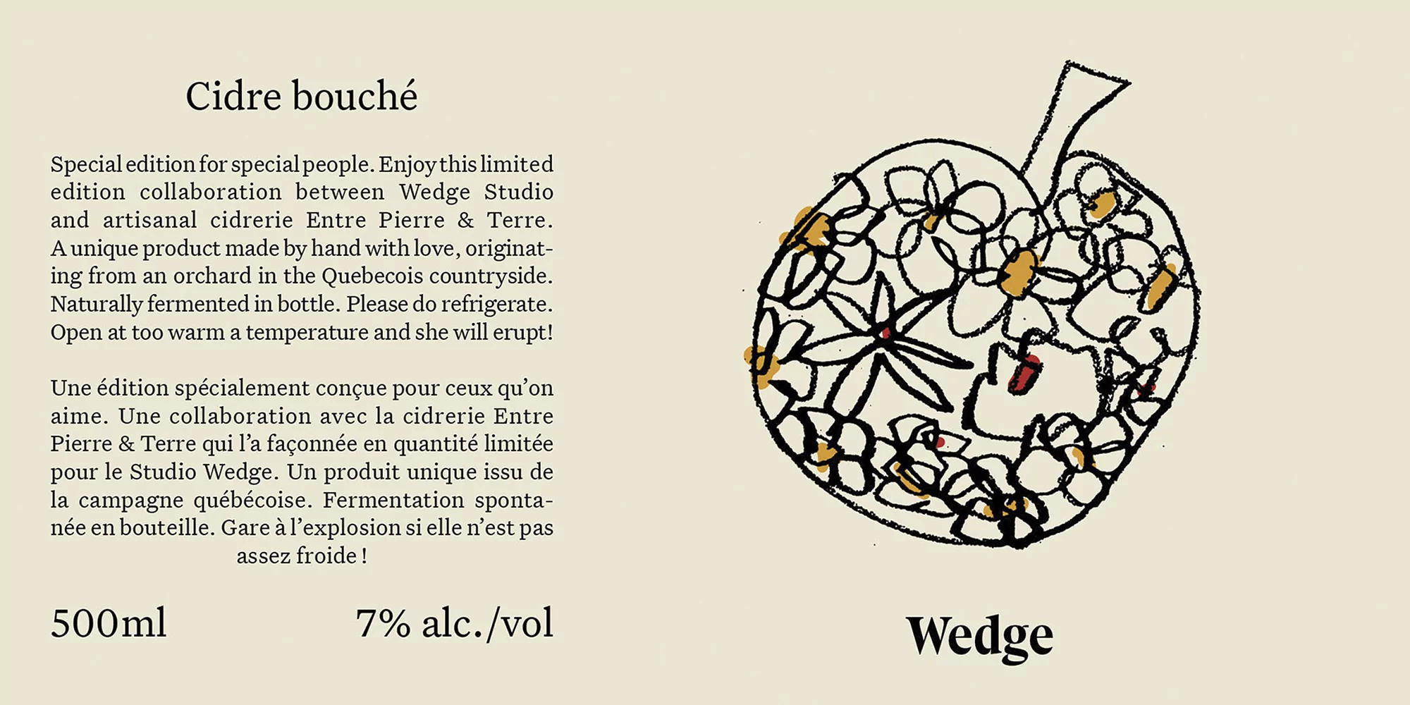 Stylized advertisement for Cidre bouché featuring a hand-drawn apple filled with flowers, emphasizing its natural and artisanal qualities.
