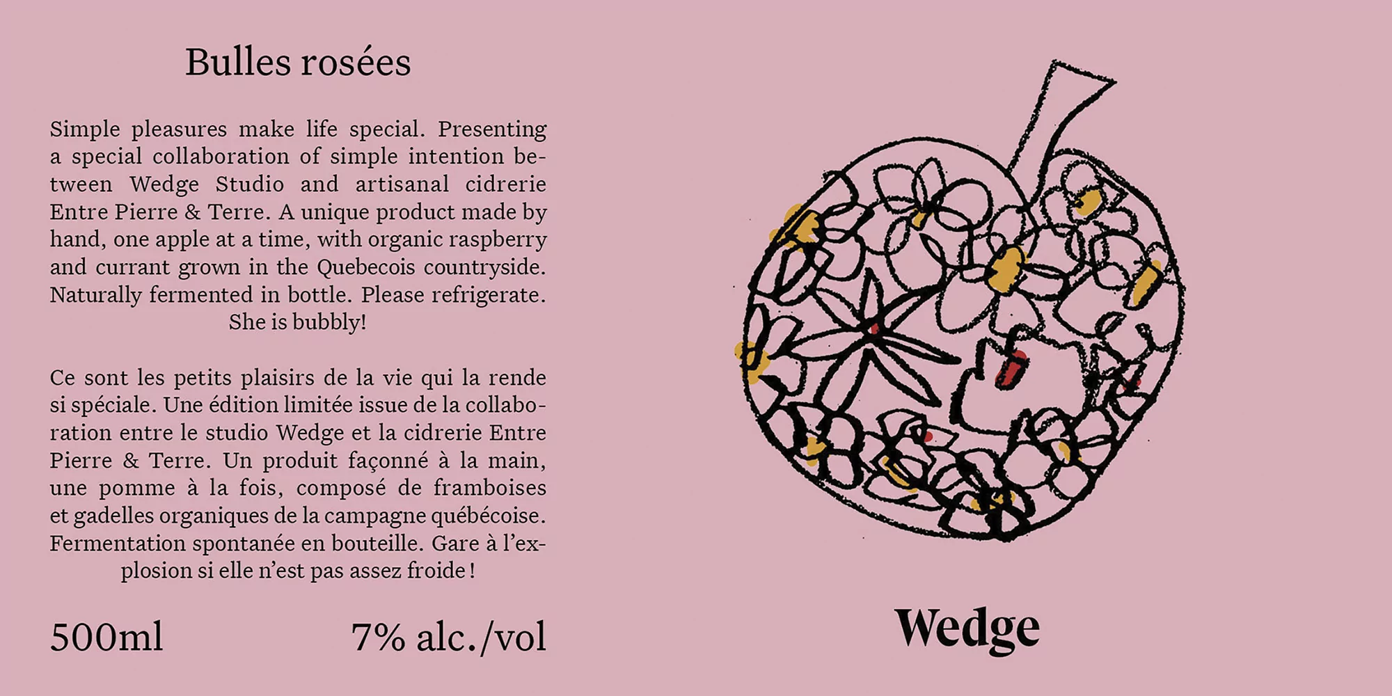 Bottle label design featuring an illustration of an apple filled with flowers and text promoting 'Bulles rosées' cider.