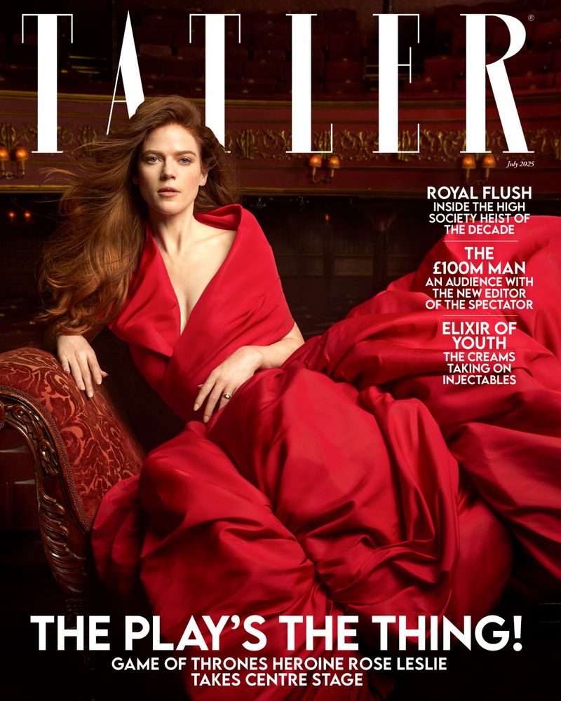 Magazine cover featuring Rose Leslie in a red gown, seated on an ornate red couch with backdrop of a theater interior. Bold white 'TATLER' title.