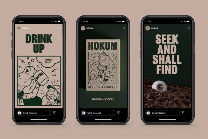 Three phone screens display a coffee advertisement with text, cartoon drawings, coffee beans, and an eyeball. Graphic ads for Hokum coffee.