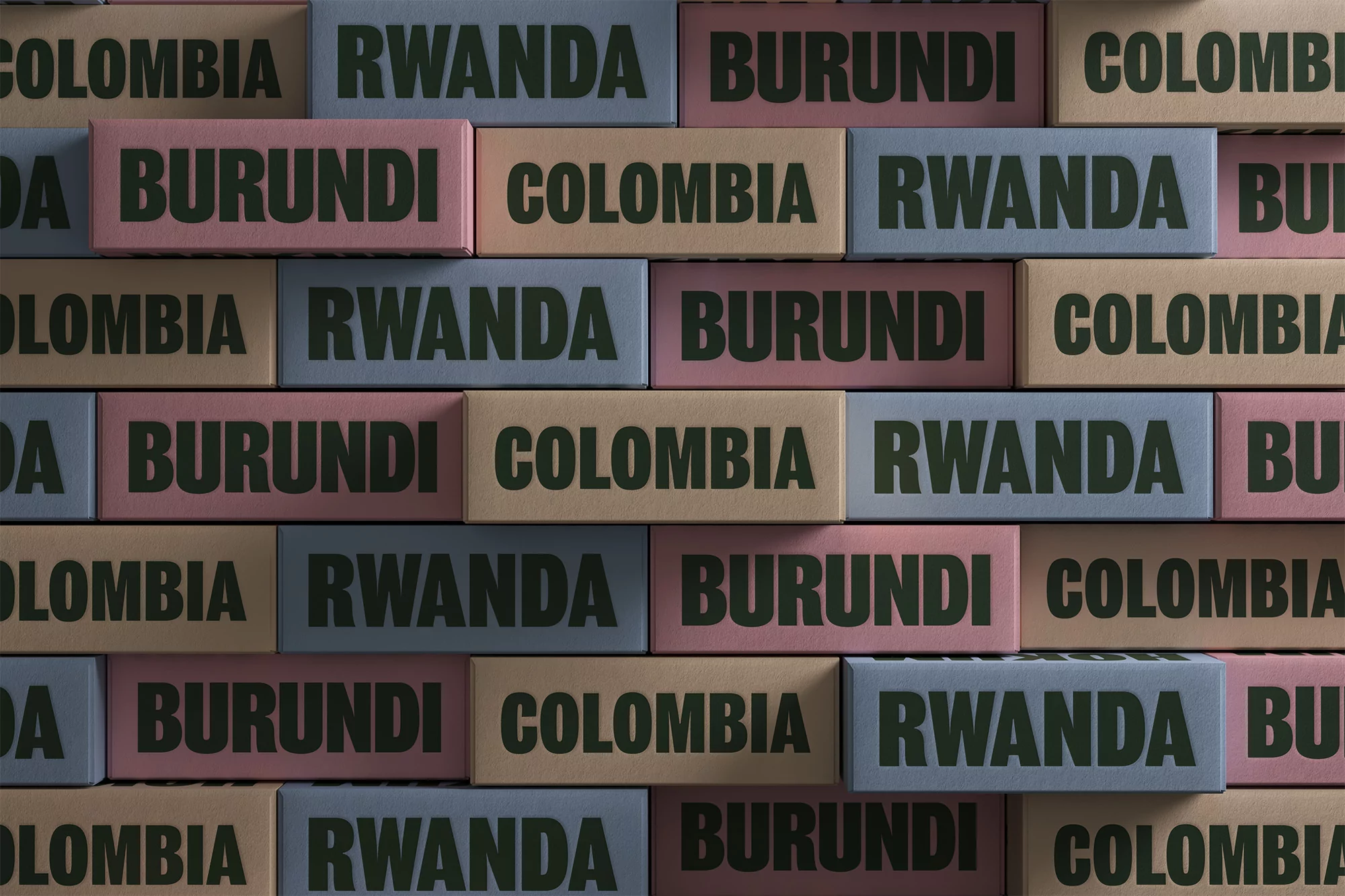 Textured background featuring the names of the countries Colombia, Rwanda, and Burundi printed on rectangular blocks in neutral hues.