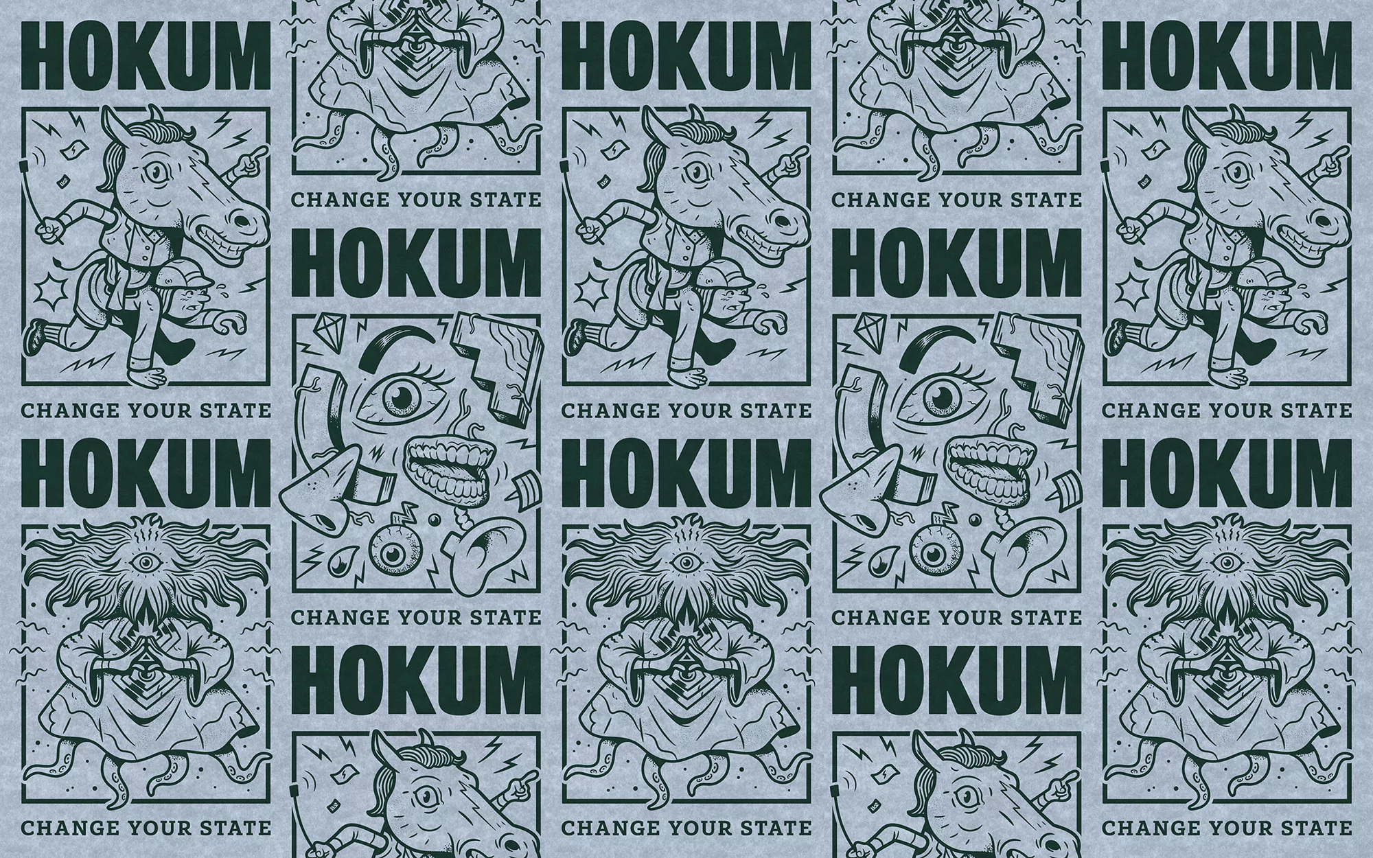 Illustrated pattern featuring cartoon figures, including a horse-headed character, an octopus-like creature, and disembodied facial features, repeating throughout.