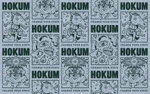 Repeated illustrative graphic pattern featuring surreal character sketches, bold typography, and textured blue background