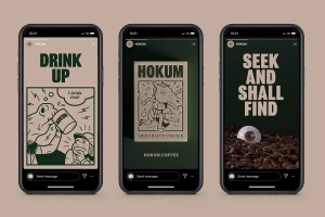 Three smartphones displaying Hokum coffee social media screens with comic illustrations and coffee bean backgrounds.