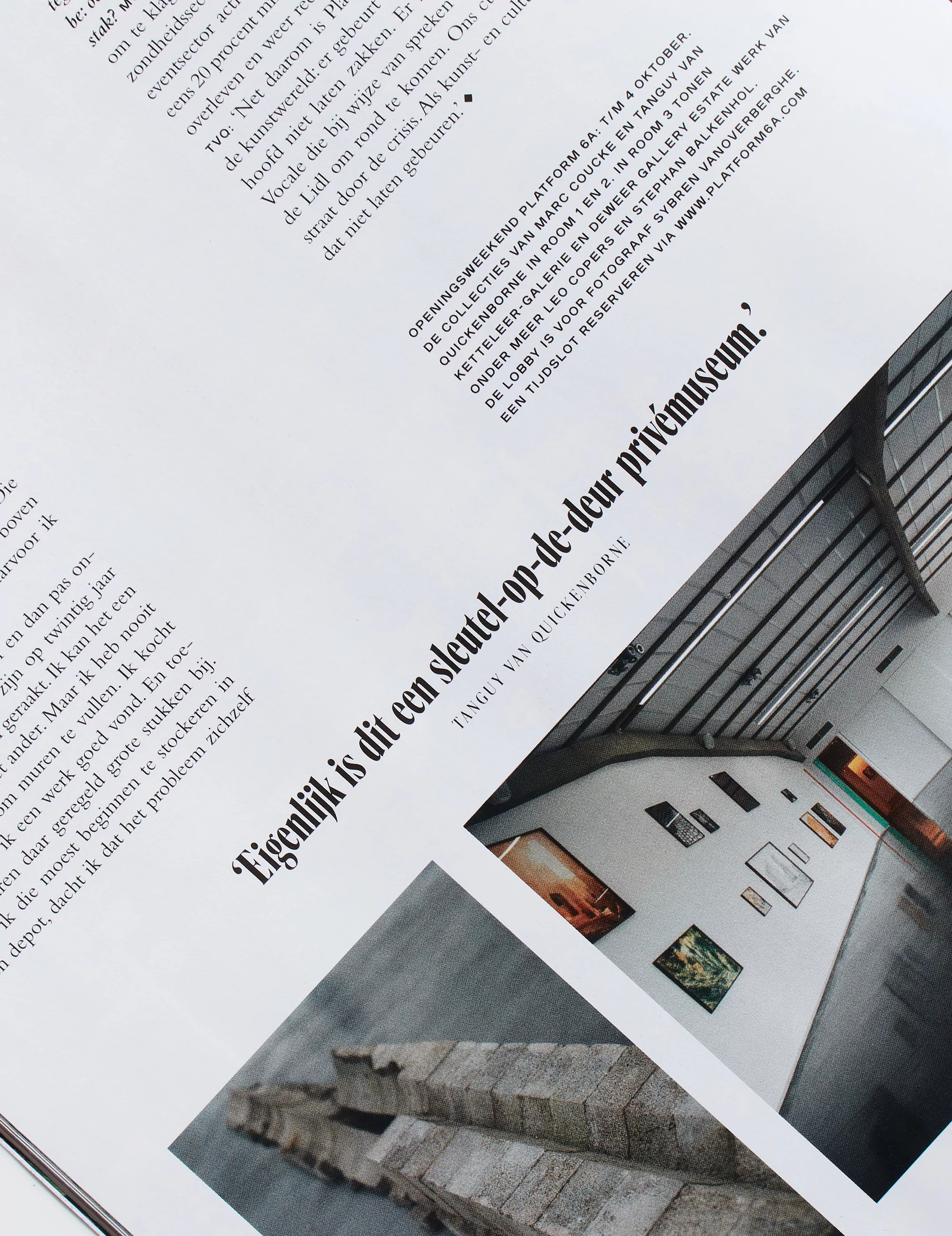 Magazine spread features architectural photographs and article text, showcasing gallery interiors and exterior stone construction details.
