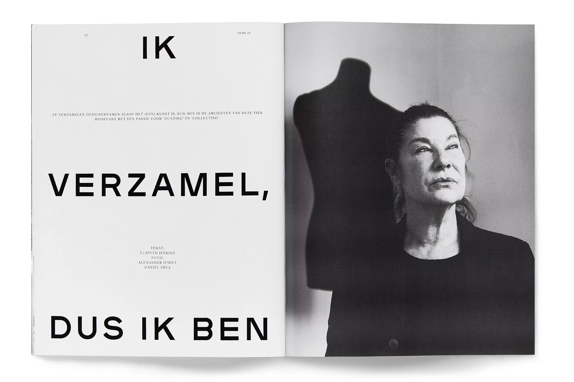 Black and white magazine spread shows a woman in a dark jacket and a dress form. The opposite page has large sans-serif type.