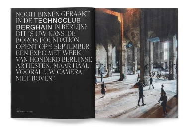 Spread magazine layout featuring bold editorial typography on the left and an industrial concrete interior photo on the right