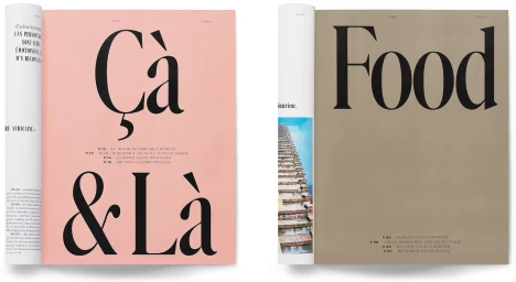 Spread pages of Sabato magazine featuring bold typography with the words Ca & La and Food alongside a small inset architectural photo.