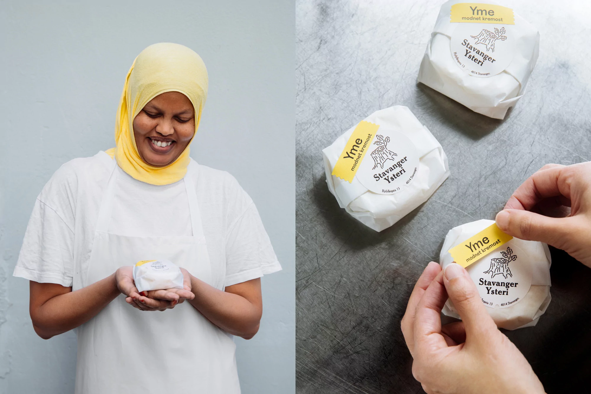 A smiling woman in a yellow headscarf and white apron presents a wrapped cheese next to hands placing a label on another cheese.