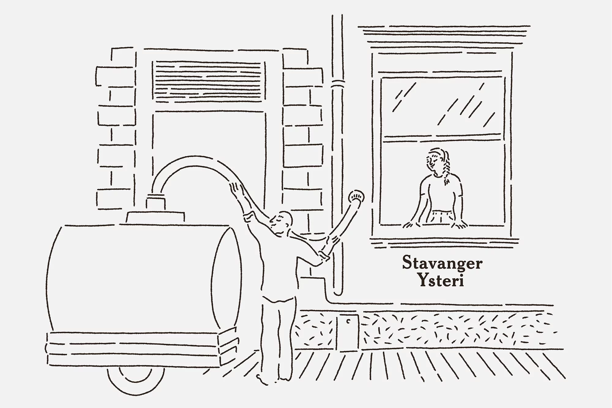 Illustration depicting a man transferring liquid from a tank into a building, with another person looking out the window above.