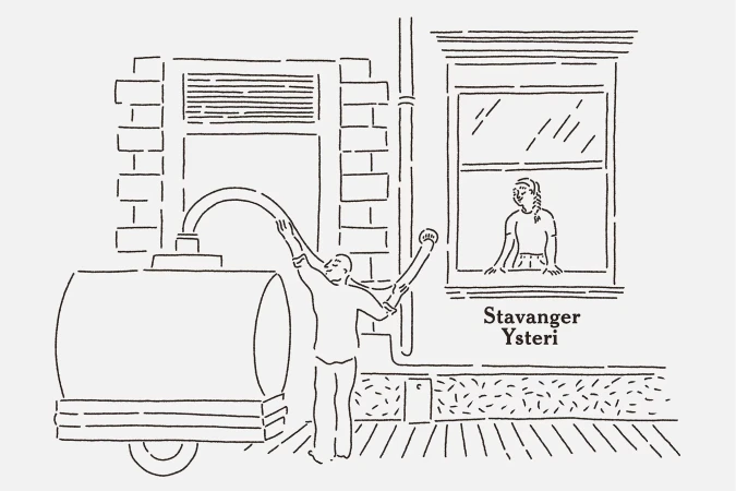 Illustration depicting a man transferring liquid from a tank into a building, with another person looking out the window above.