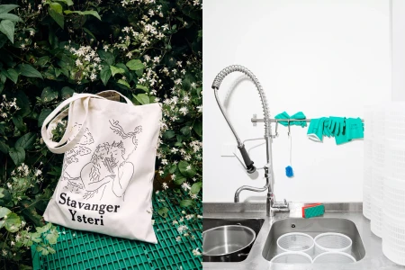 Diptych showing a printed canvas tote bag set among white flowering foliage and a stainless steel commercial kitchen sink setup.