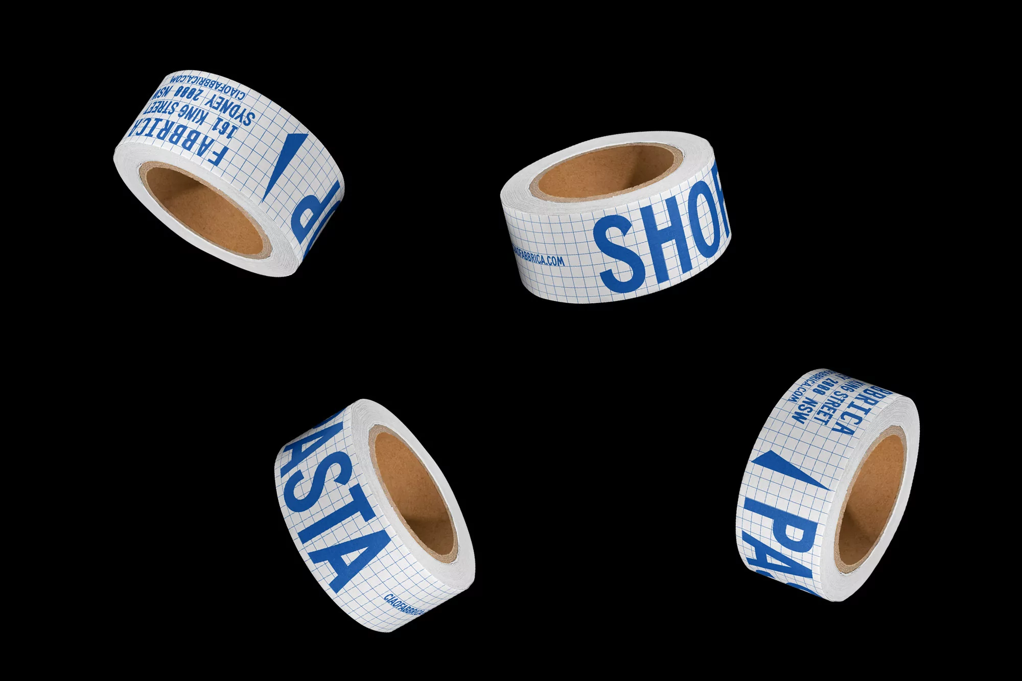 Four rolls of white tape with blue lettering float on a black background in a product shot emphasizing texture and typography.