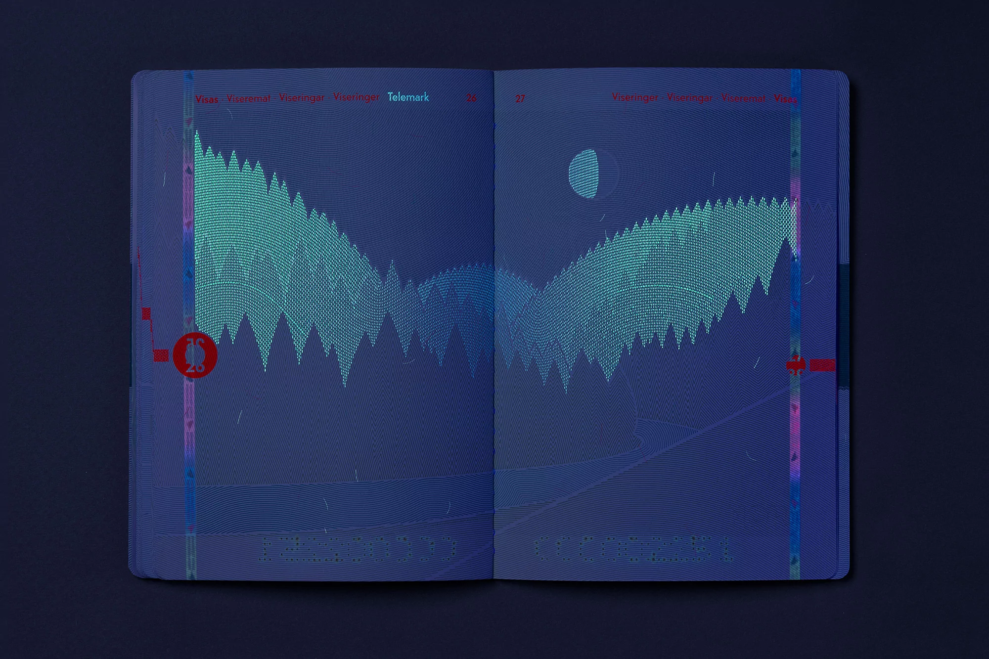 Open passport featuring an illustration of a mountain range and a moon on two pages in shades of blue and teal. 