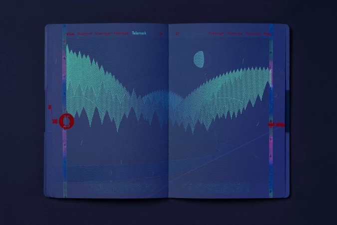 Open passport featuring an illustration of a mountain range and a moon on two pages in shades of blue and teal. 