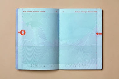 Open passport pages featuring pale blue security print with line-drawn mountain landscapes against a neutral beige background.