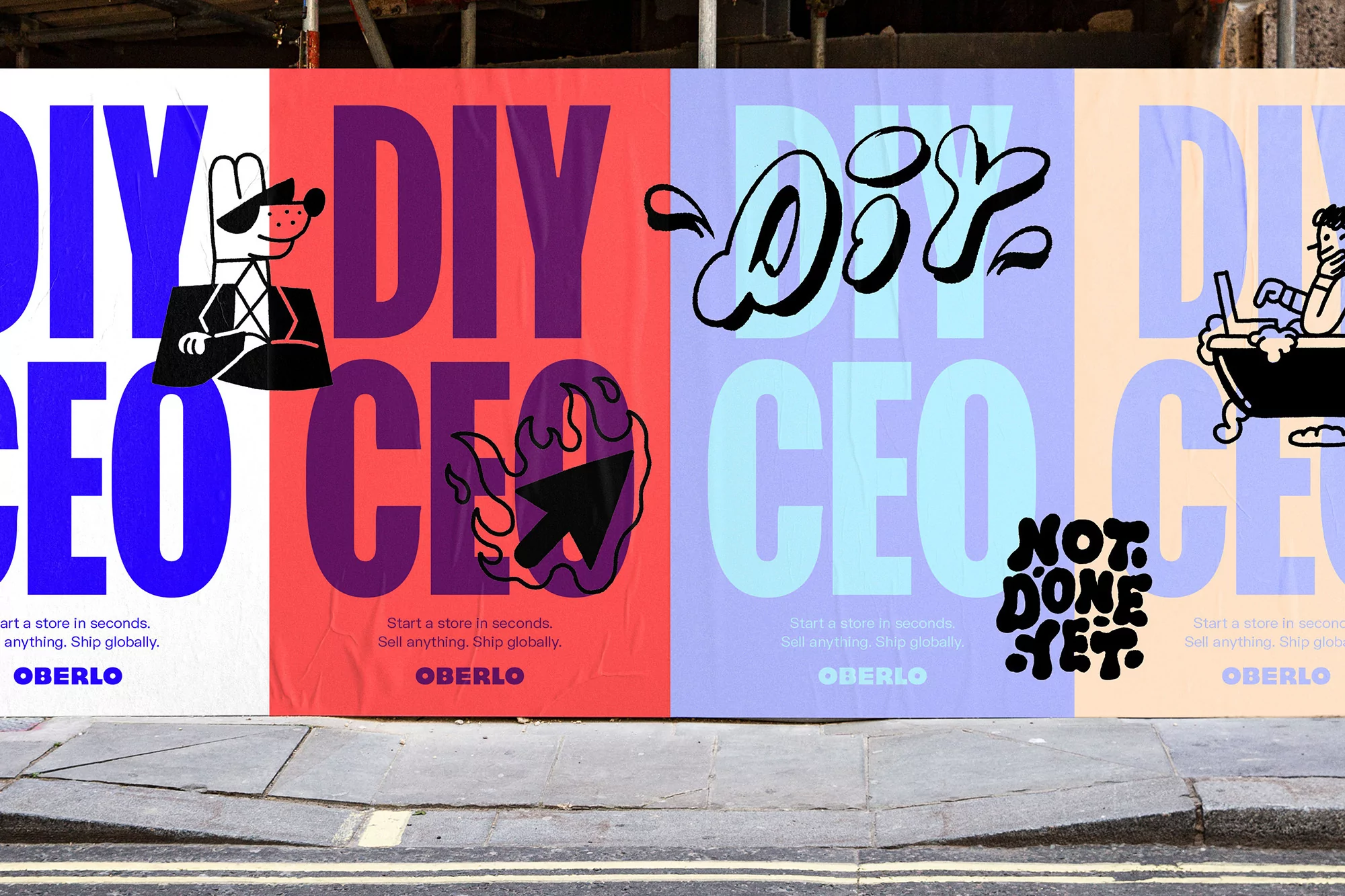 Outdoor posters featuring DIY CEO slogans in bold typography, accompanied by illustrated cartoon characters, promoting the Oberlo brand.