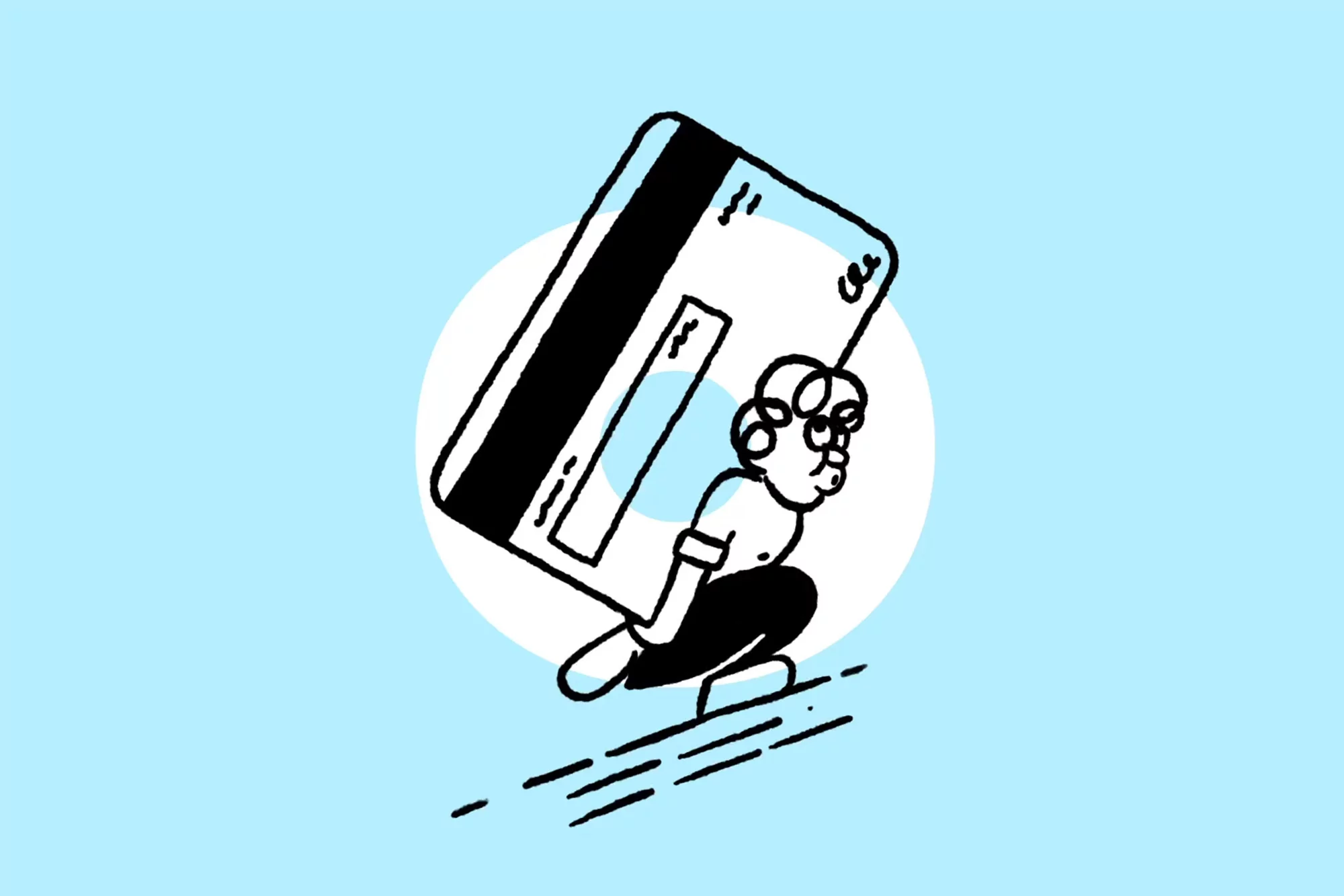 Illustration of a person carrying a large credit card on their back, with a light blue background and a white circle behind the person.