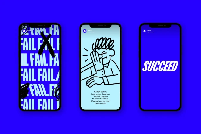 Three smartphones displaying graphics with the words 'Fail' and 'Succeed' against a blue background in a tech-forward composition.