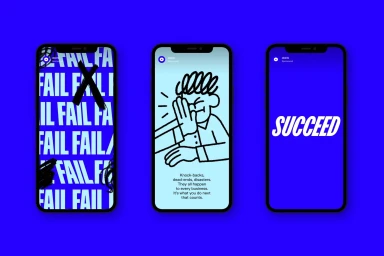 Three smartphones displaying app interfaces with bold text and line illustrations on a vibrant blue background