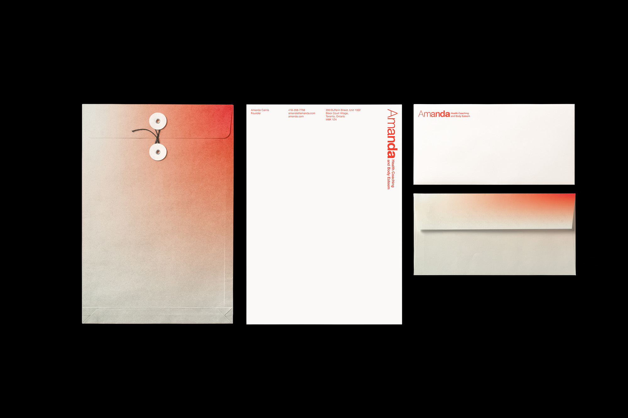 Brand identity stationery layout featuring letterhead, envelopes, and a string-and-button document folder with red gradient design elements.