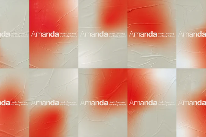Abstract background featuring an array of posters with a gradient color design, the word Amanda and health coaching related text.