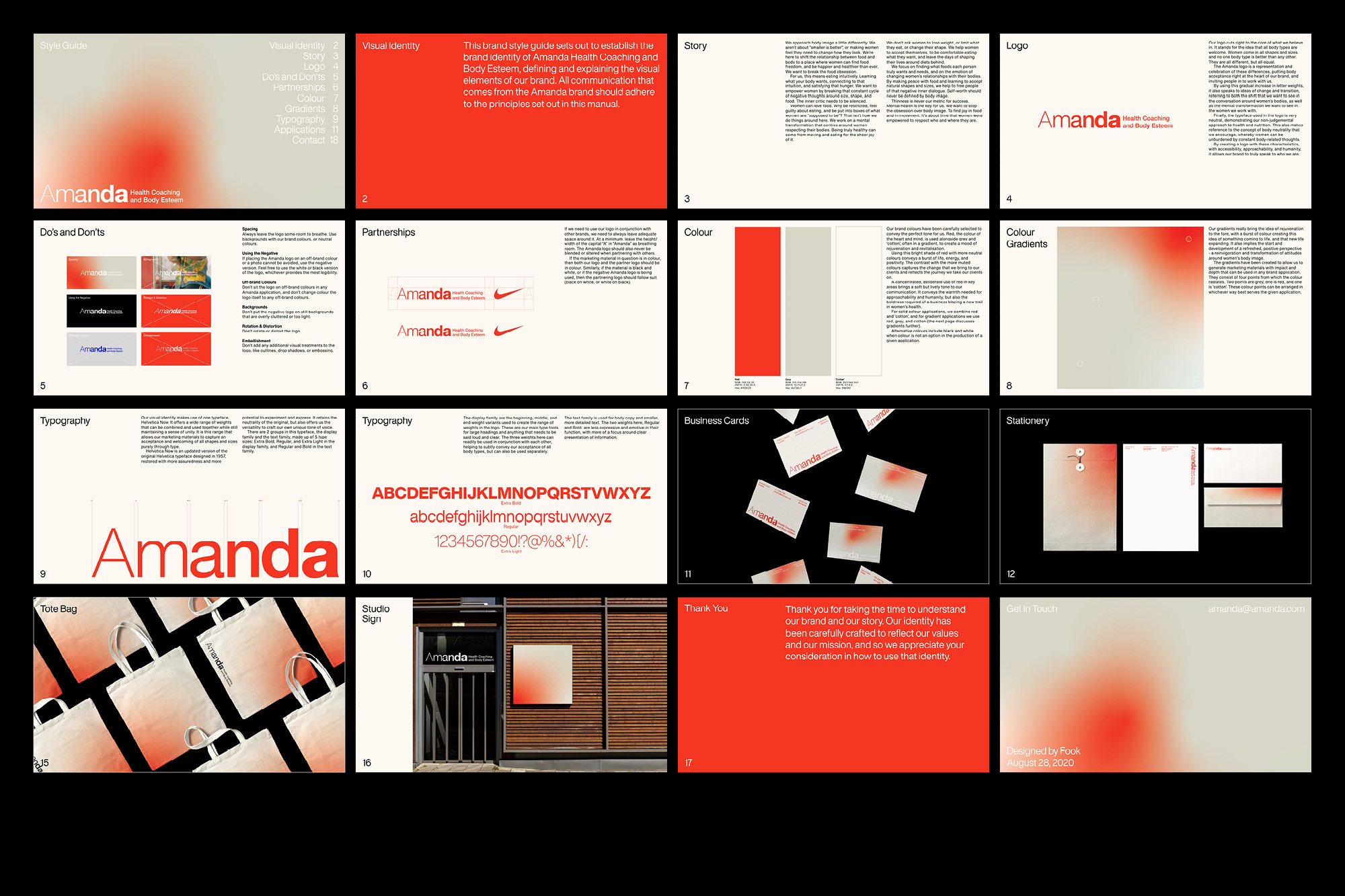 Branding and visual identity guide featuring a logo, color swatches, typography examples, business card design, and stationery mockups.