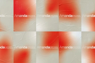 Branded poster mockups featuring red gradient spots and crumpled paper texture with Amanda typography.