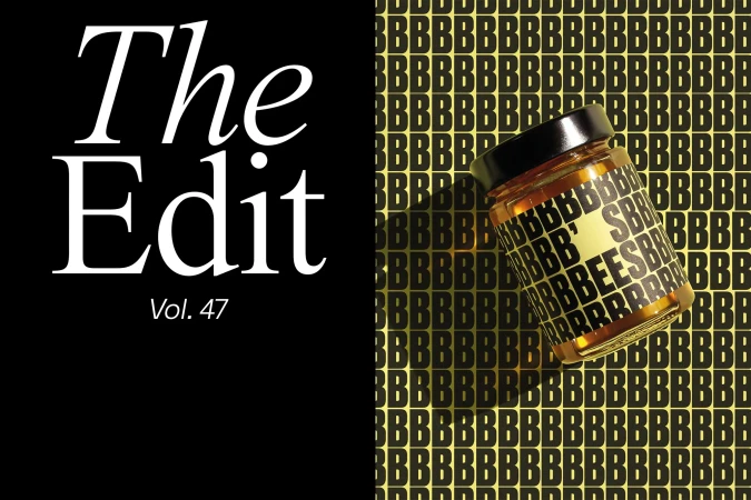 Magazine cover featuring a jar of honey on a background of repeating 'B' letters, alongside the title 'The Edit Vol. 47'.