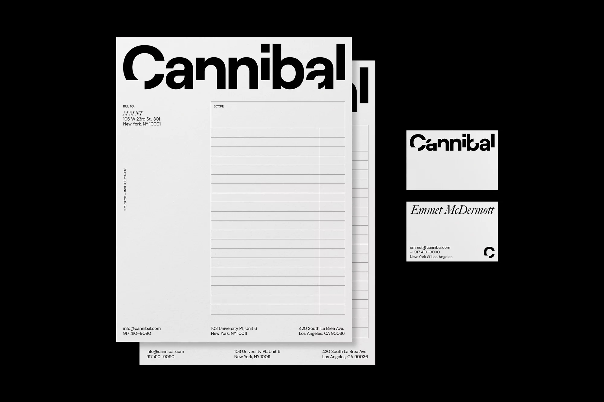 Black and white design featuring stationery and business cards with bold typography, stacked on a black background with minimalist aesthetics.