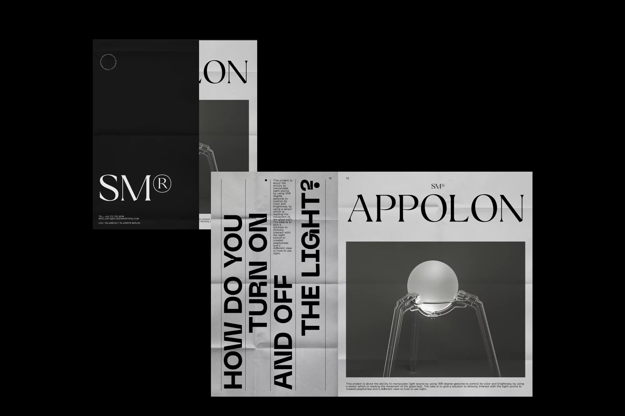 Appolon product advertisement featuring three posters with a spherical light on a translucent chair against a black background.
