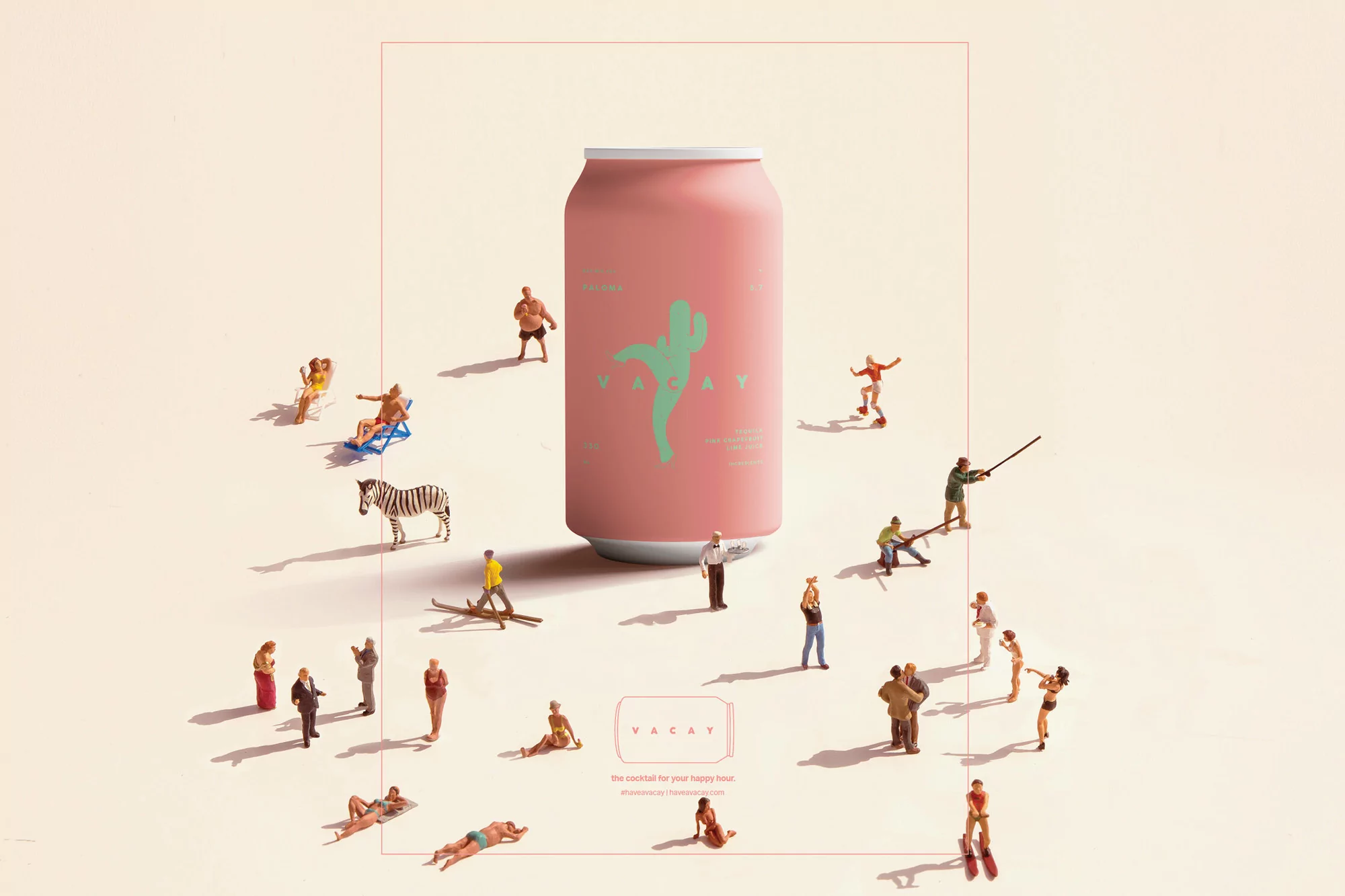 Conceptual image featuring a large pink beverage can surrounded by miniature figures of people and a zebra on a light beige background.