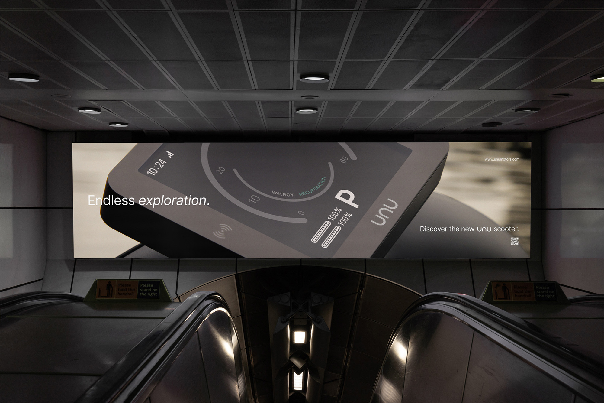 Advertisement featuring an electric scooter display, highlighting modern design and eco-friendly transportation in an urban underground setting.