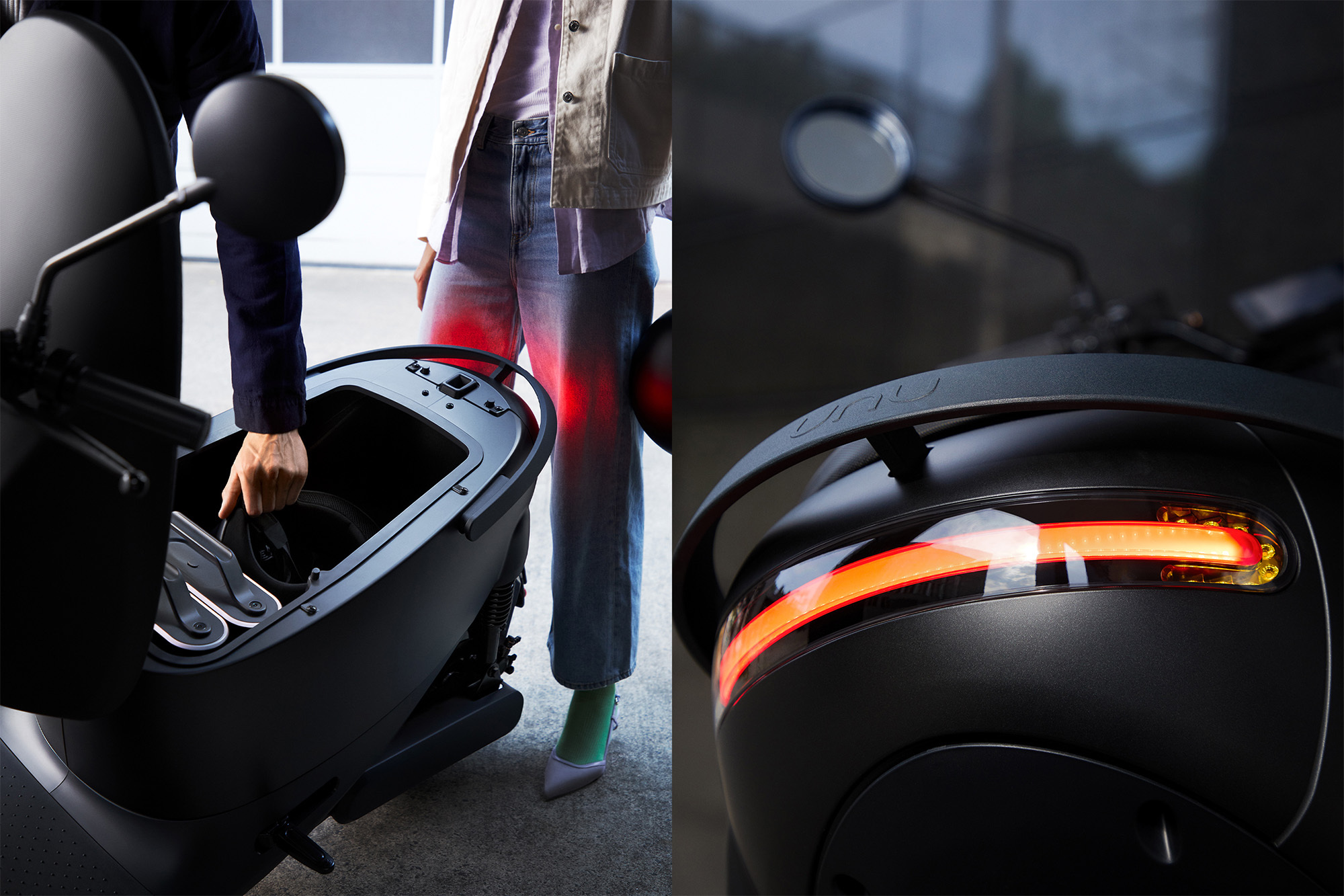 Person reaches into storage compartment on a black scooter, close-up of rear light detail of scooter, modern design, studio shot.
