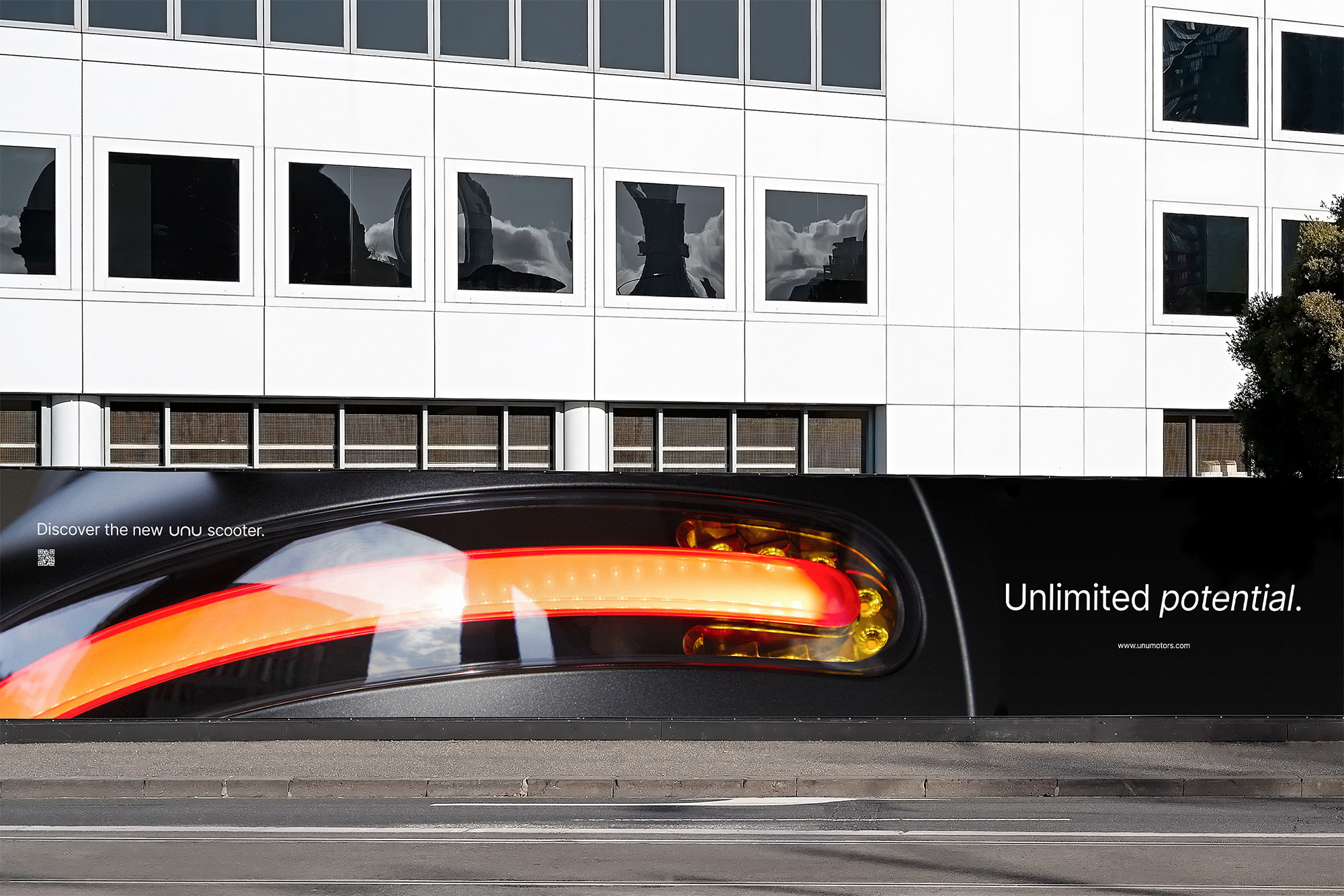 Outdoor billboard advertising for the UNU scooter, featuring a close-up of the scooter's tail light and the tagline 'Unlimited potential'.