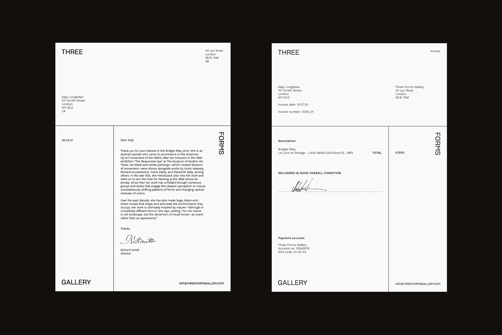 Two documents with text and letterheads are set against a dark background, one with a handwritten signature.