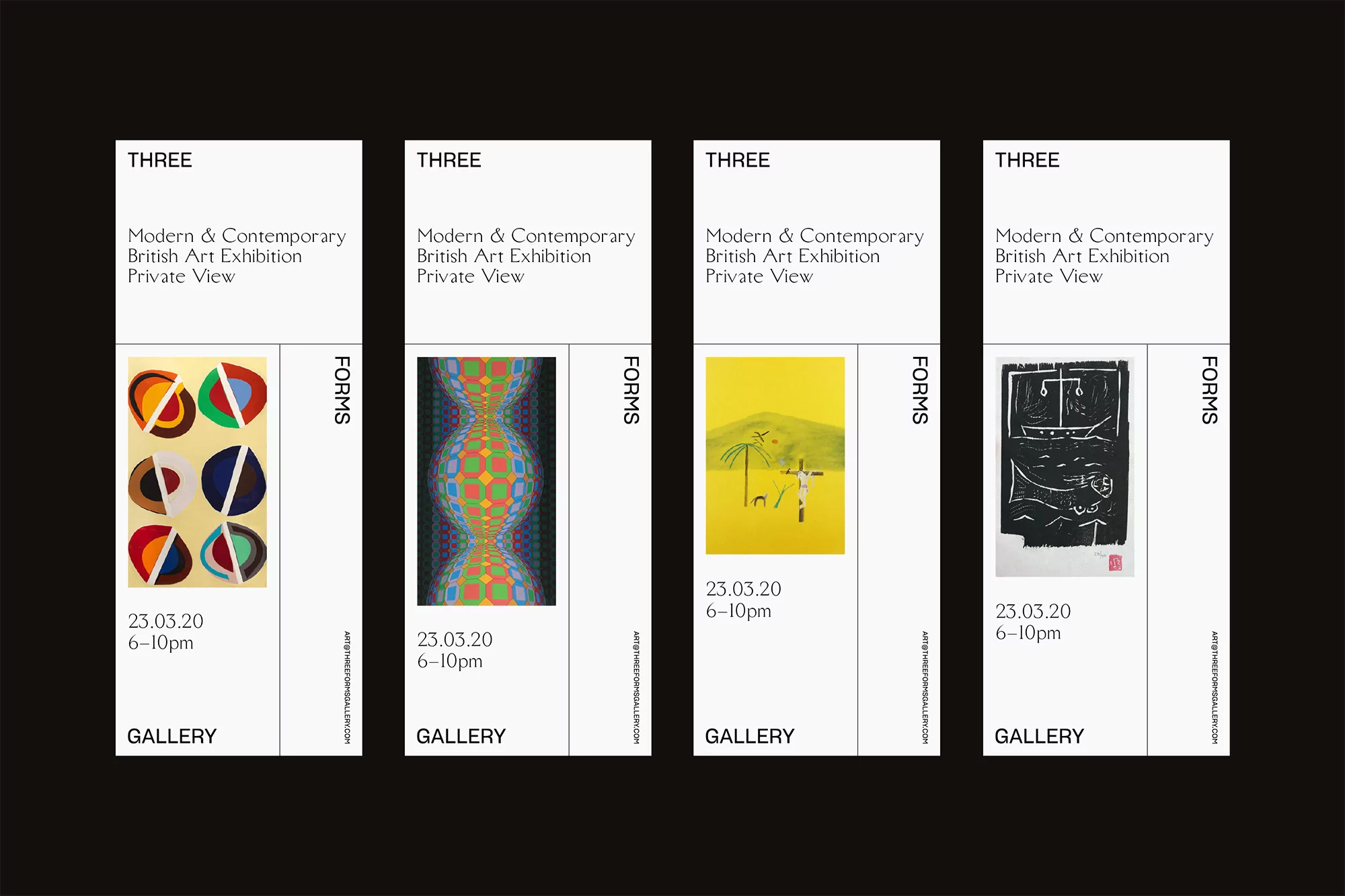 Four art exhibition posters side-by-side on a black background. Each poster features the same title and artwork images.