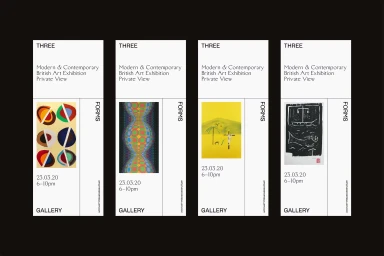 Four vertical exhibition invitation cards featuring minimalist typography and varied abstract artwork against a dark background.