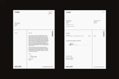 Two minimalist white stationery documents with black typography displayed against a solid dark background.