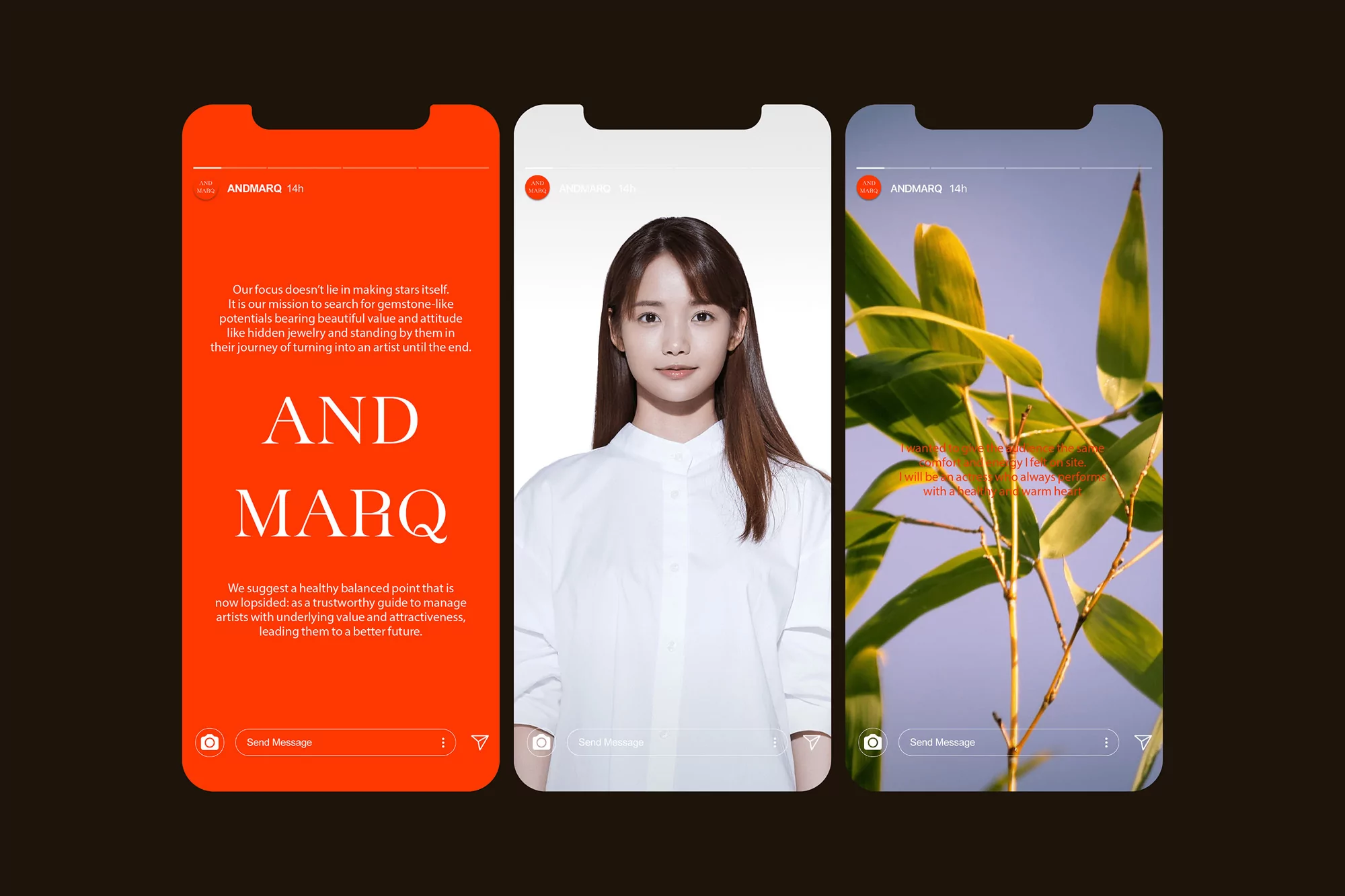 Three phone screens showcase digital content: text about artists, a portrait of a woman, and bamboo leaves against a sky backdrop.