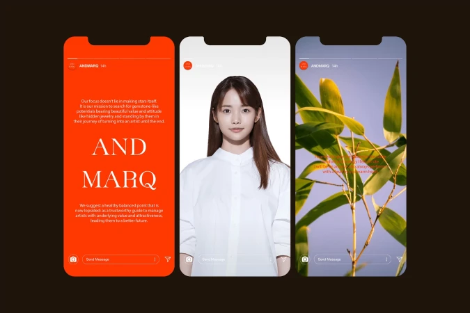 Three phone screens showcase digital content: text about artists, a portrait of a woman, and bamboo leaves against a sky backdrop.