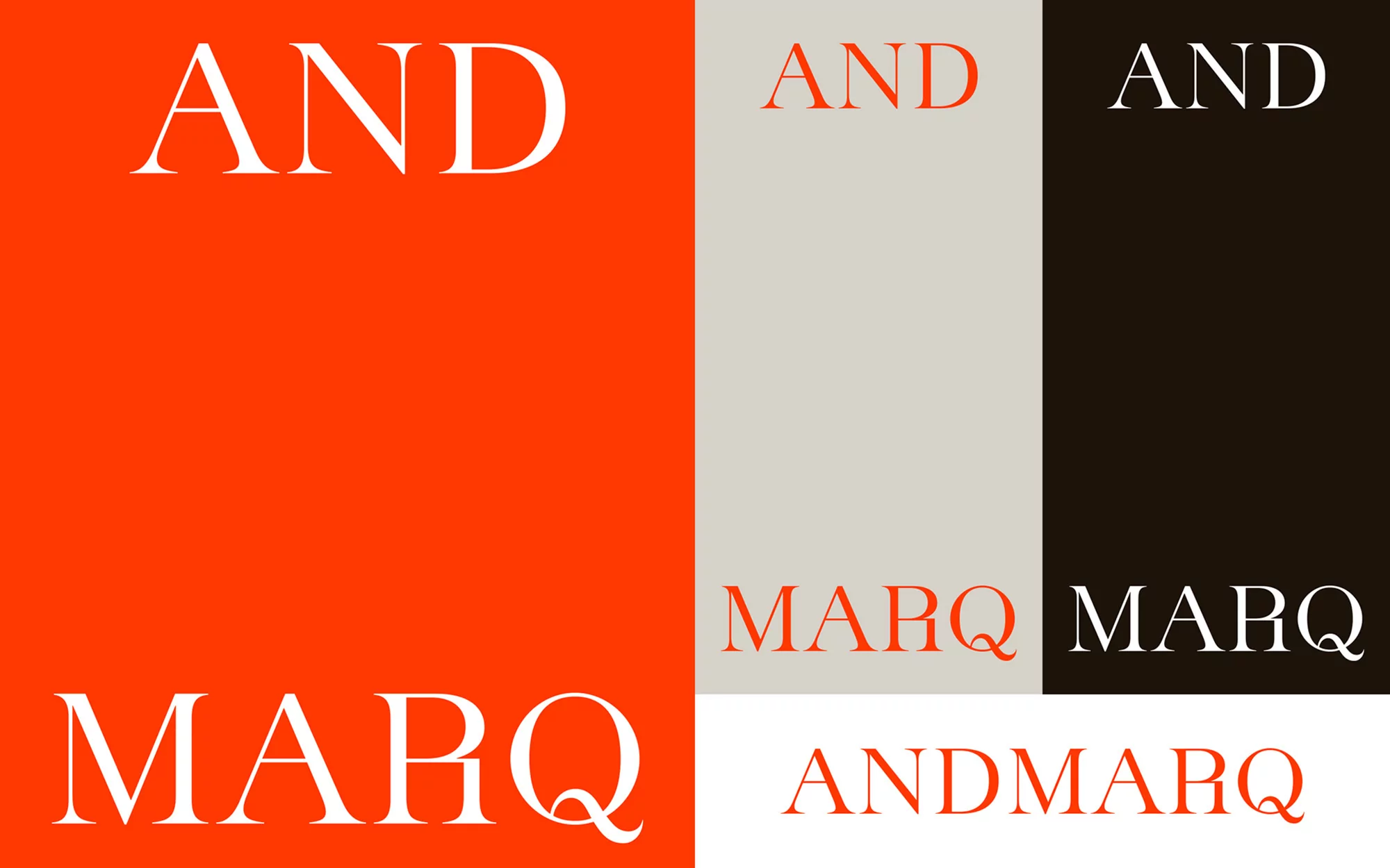 Graphic design featuring the text "AND" and "MARQ" in white and orange tones, set against multiple color block backgrounds.