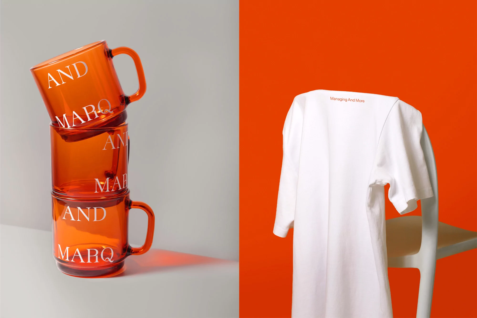 Still life shot of stacked orange glass mugs with white text and a white dress draped over a chair, set against an orange backdrop.