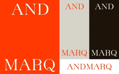 Graphic design brand identity featuring typography spelling ANDMARQ in serif letters across red, grey, black, and white panels