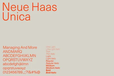Brand identity typography specimen featuring Neue Haas Unica font in bright orange against a pale grey background